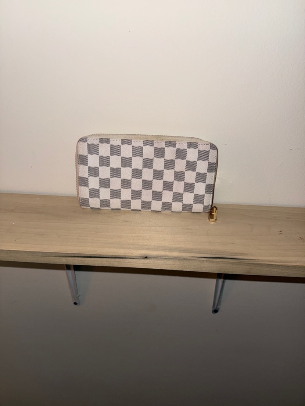 Checkerboard Zip-Around Wallet in Light Gray and White